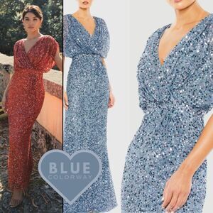 Mac Duggal 5640‎ Womens Size 18 Blue Sequin Draped Sleeve V-Neck Gown Maxi Dress